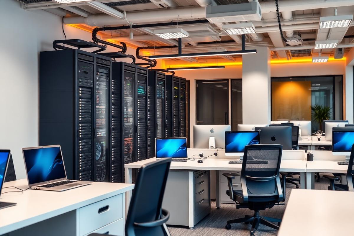 Modernes Büro mit IT-Infrastruktur und Arbeitsplätzen