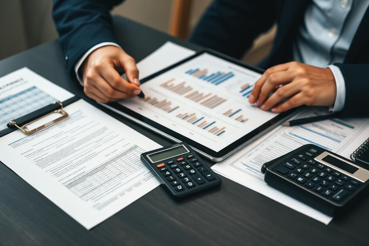 Schreibtisch mit Finanzunterlagen und Auswertungen